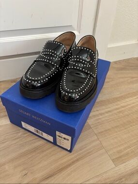 Stuart Weitzman Black Patent Leather Studded Loafers